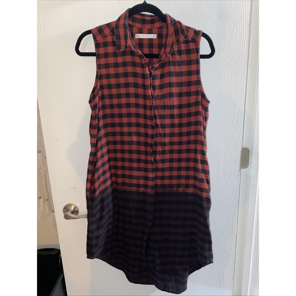 Mona Thalheimee Red Flannel Ombré Tank Button Up Dress With Pockets